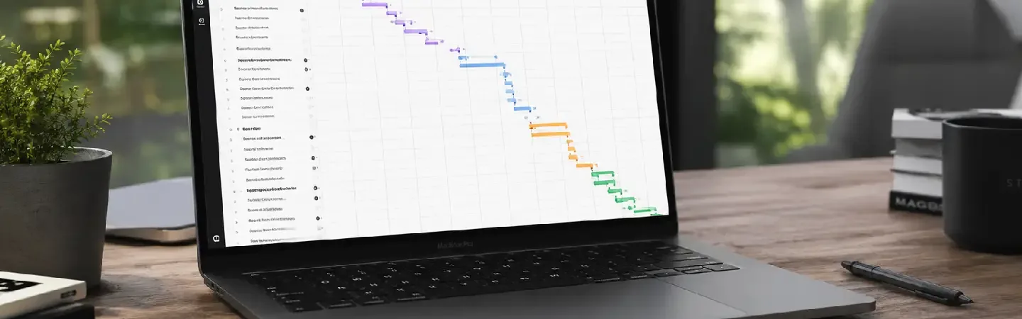 Diagramme de Gantt affiché à l'écran d'un ordinateur portable posé sur un bureau